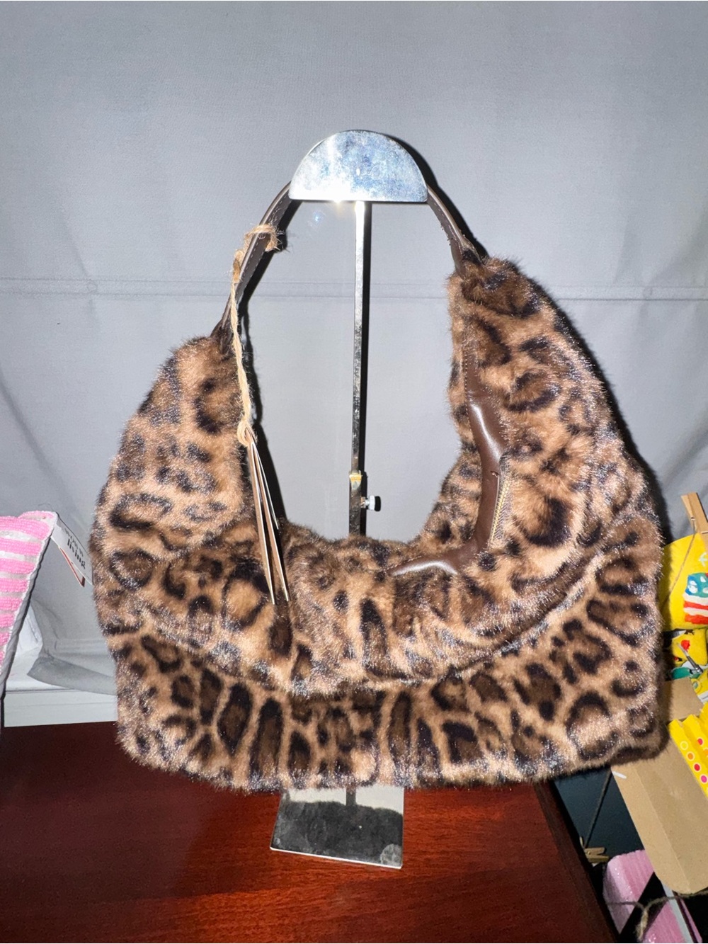 Leopard Print Faux Fur Hobo Bag - Brown